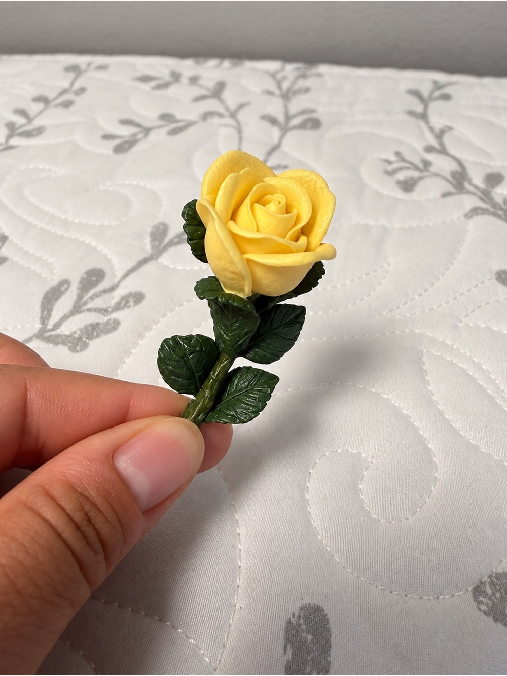 Vintage Yellow Rose Brooch Pin Faux Flower Green Leaves 3D Floral 2”